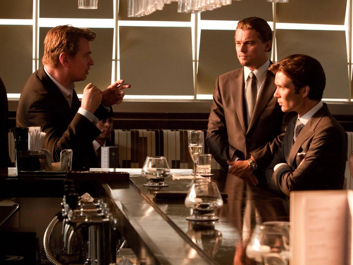 Кристофер Ноланом (режиссер), Леонардо Ди Каприо и Киллиан Мерфи на съемках фильма «Начало»