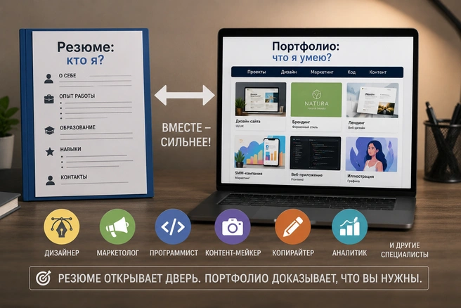 Резюме кратко рассказывает об опыте кандидата, а портфолио наглядно доказывает его навыки | Источник: Raberu