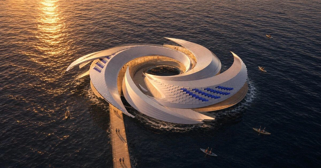 Спиральная платформа в Тихом океане: проект плавучего парламента от Ocean Vortex | Источник: Юфэн Ту