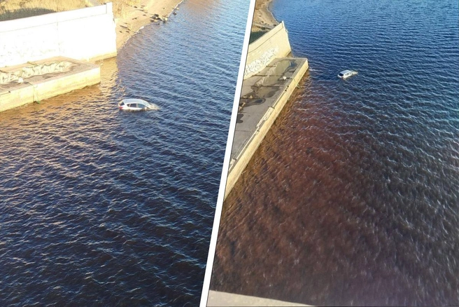 Машина упала с набережной | Источник: Злой Архангельск / T.me