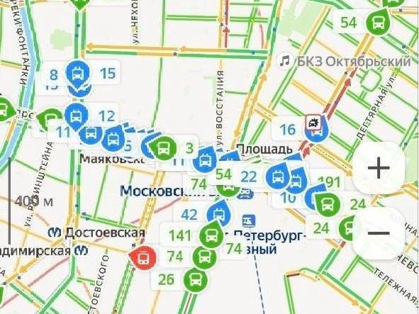 Таким было скопление общественного транспорта к 23:40 | Источник: «Яндекс Карты»