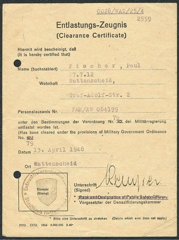 Свидетельство о денацификации 1948 года, выданное Ваттеншайдом в Британской зоне | Источник: Stadtkreis Wattenscheid, CC BY-SA 3.0, via Wikimedia Commons