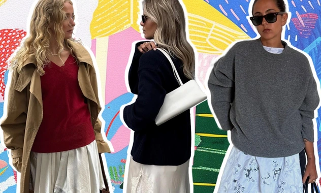 Самый модный способ носить свитер зимой 2025/26 — поверх платья и с джинсами
