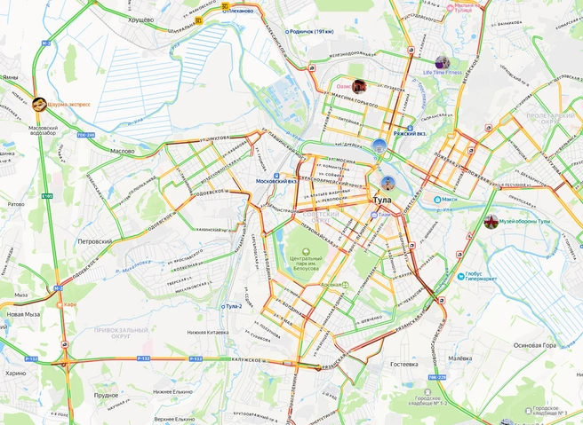 Дорожная ситуация в Туле на 9:30 | Источник: yandex.ru/maps