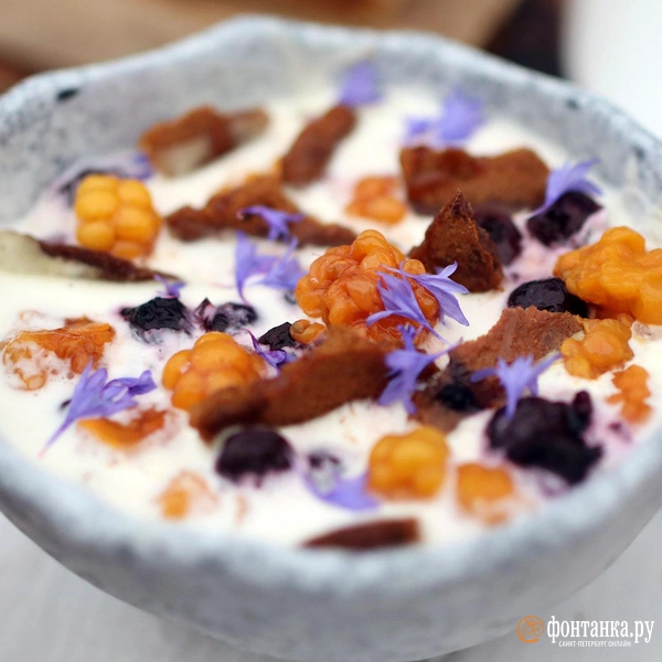 Необычная ресторанная подача медовика с коржами на козульном тесте, сосновым медом и свежей морошкой и черникой. | Источник: Ксения Потеева / «Фонтанка.ру»