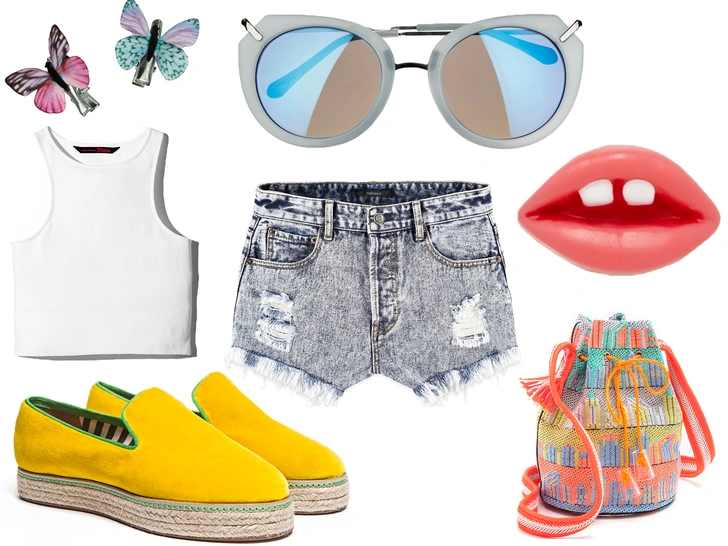 1. Заколки, Accessorize, 690 руб.2. Очки, River Island 1199 руб.3. Серьги-губы, N2 by Les Néréides, 1400 руб.4. Топ, TOM TAILOR, 1150 руб.5. Шорты, Forever 21, 1199 руб.6. Сумка, Koku, shopbop.com, 10 037 руб.7. Эспадрильи, M Missoni, 15 500 руб.