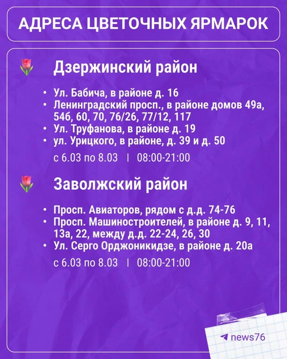 Адреса цветочных ярмарок в Дзержинском и Заволжском районах | Источник: Ксения Ткаченко / Городские медиа