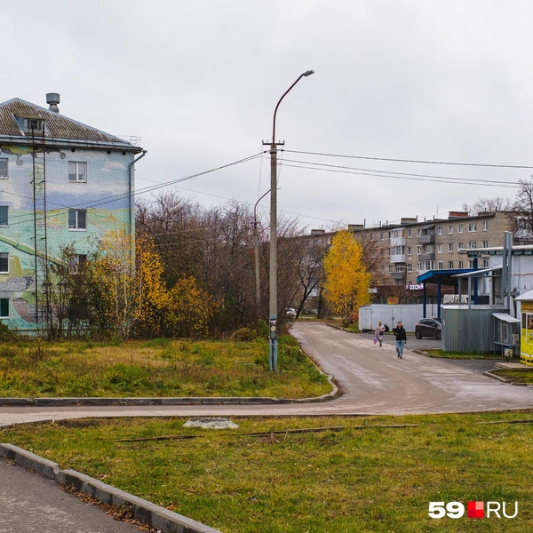 За деревьями скрывается мурал, который посвящён танкистам | Источник: Тимофей Калмаков / 59.RU