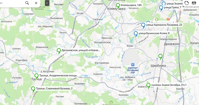 Карта елочных базаров в Новой Москве | Источник: Яндекс.Карты