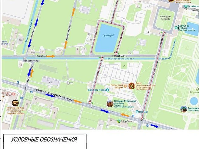 Схема организации движения в Петергофе 30 июня | Источник: Комитет по транспорту Петербурга