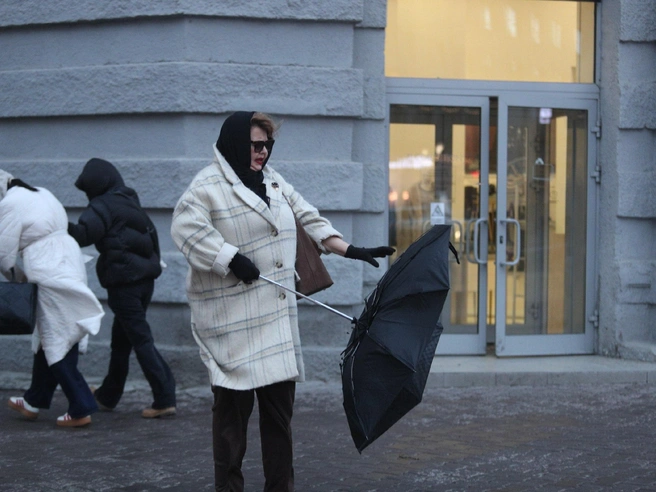 Даже зонты не выдерживают напора ветра. | Источник: Андрей Бортко / NGS.RU