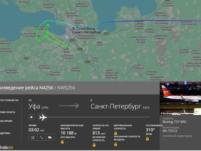 Самолет из Уфы сделал два круга над аэропортом Пулково из-за сильного бокового ветра. | Источник: flightradar24.com