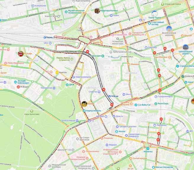 Все въезды и выезды из центра Перми через площади Гайдара окрасились в навигаторе в темно-бордовый цвет | Источник: «Яндекс Карты»