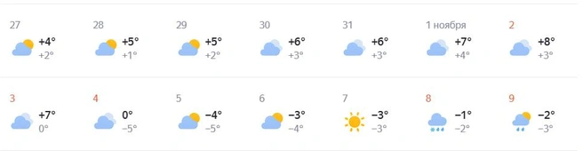 2 ноября температура может подняться до +8 градусов, в уже четвертого опуститься до -5 градусов | Источник: «Яндекс.Погода»