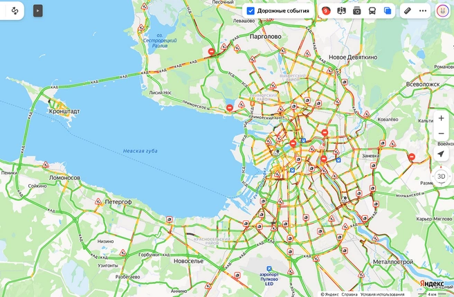 Улицы Петербурга «покраснели» на карте. Самая сложная ситуация по-прежнему на юго-востоке города | Источник: «Яндекс.Карты»