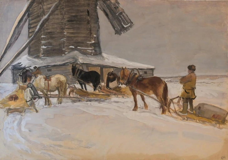 А. Пластов. «У старого ветряка». Начало 1930-х годов. Бумага, гуашь | Источник: пресс-служба выставки