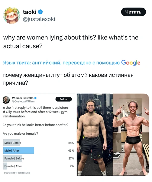 Новый скандал в «Твиттере» (X)! Девушки признались, что парни с «жирком» им нравятся больше рельефных | Источник: X (Twitter)