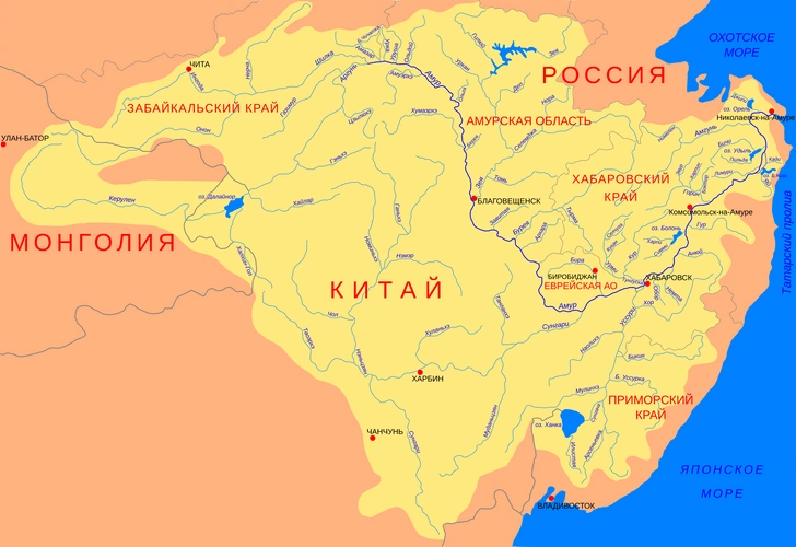Карта бассейна Амура | Источник: СафроновАВ, CC BY-SA 3.0, via Wikimedia Commons