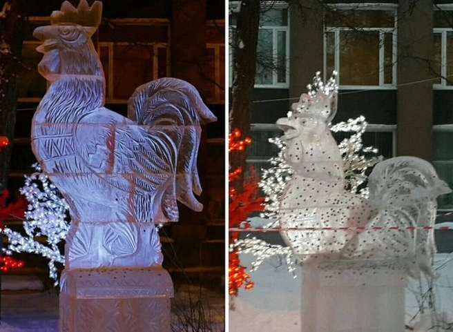 Восстановлена разрушенная вандалами ледяная скульптура петуха, которую создал рязанец | ya62.ru