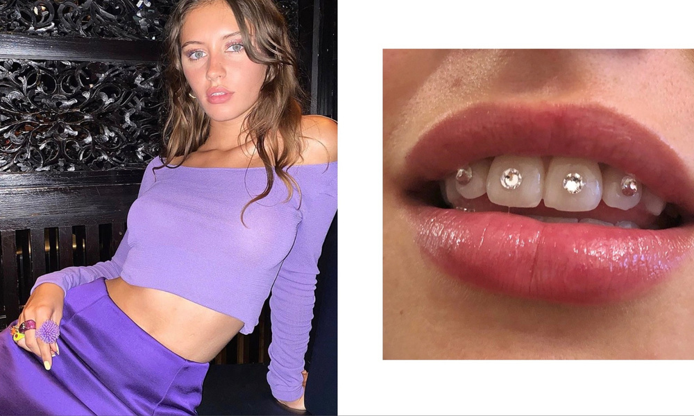 Голый топ и зубы инкрустированные бриллиантами дерзкий образ дочери
