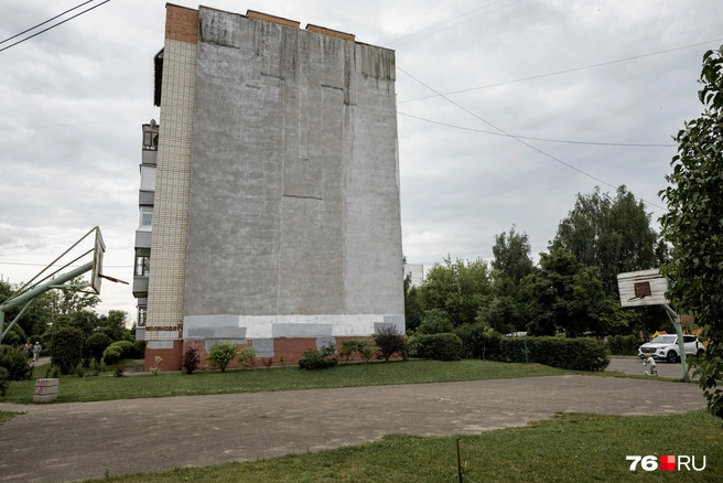 С торца дома&nbsp;— подстриженный газон, стриженные кусты и баскетбольная площадка из прошлого | Источник: Александр Куренной / 76.RU
