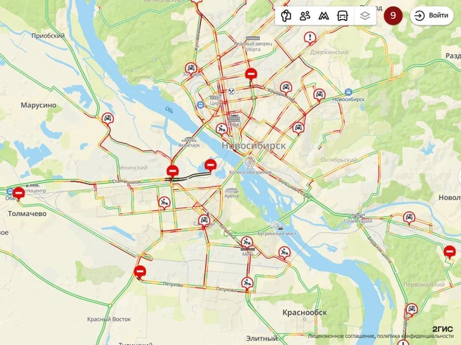 На картах пробок преобладает красный цвет | Источник: 2ГИС