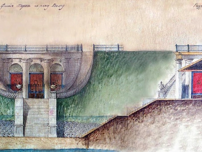 Проект фасада террасы, разработанный архитектором Н. С. Шашиным в 1848–1849 годах | Источник: Источник: ГАЯО.Ф.76, оп.1, д.573, лл.24-25