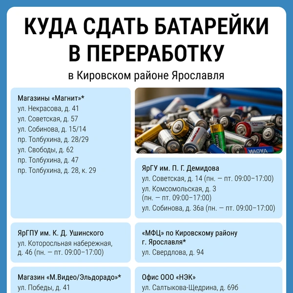 Места, где принимают отработанные батарейки в Кировском районе | Источник: Мария Романова / Городские медиа