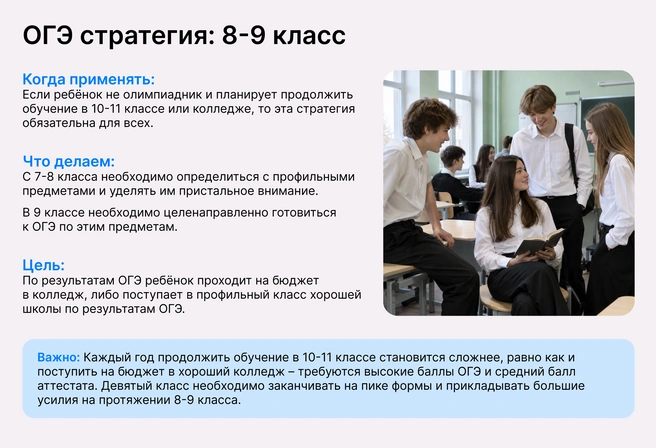 Обязательная стратегия для всех, кто собирается в 10-й класс или колледж, кроме топовых олимпиадников, которые продвигаются по олимпиадной стратегии | Источник: Ирина Калмыкова
