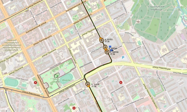 На карте, например, видно скопление трамваев 8-го маршрута | Источник: Map.gortransperm.ru