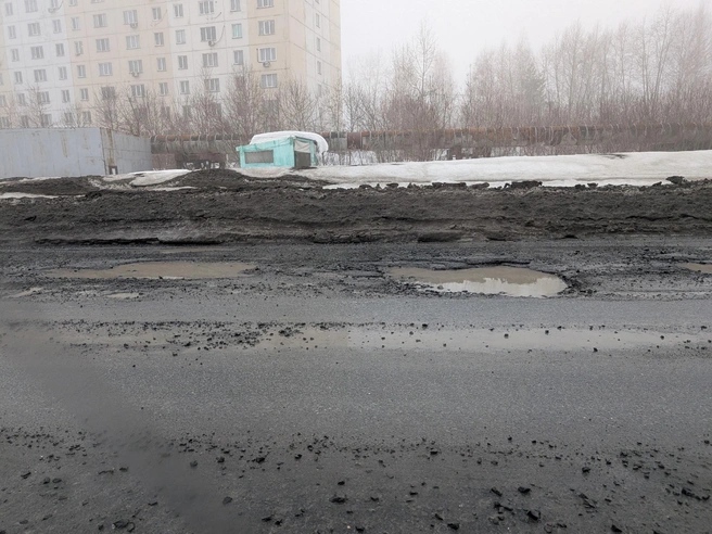 Асфальтное покрытие разрушилось, хотя снег ещё не полностью сошёл | Источник: МЖК Восточный, Плющихинский / Вконтакте 