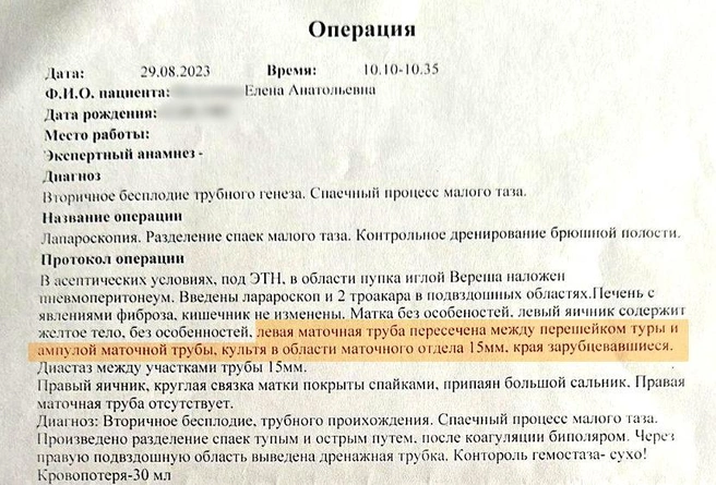 То, что и левая маточная труба повреждена, выяснилось лишь спустя полтора года | Источник: читательница E1.RU Елена