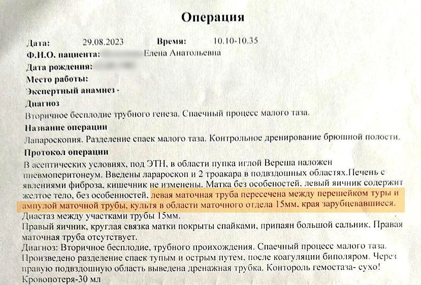 То, что и левая маточная труба повреждена, выяснилось лишь спустя полтора года, на приме у частного врача | Источник: читательница E1.RU Елена