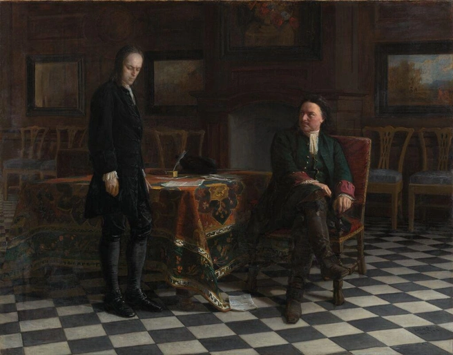«Петр I допрашивает царевича Алексея Петровича в Петергофе», 1871 год | Источник: Третьяковская галерея / my.tretyakov.ru
