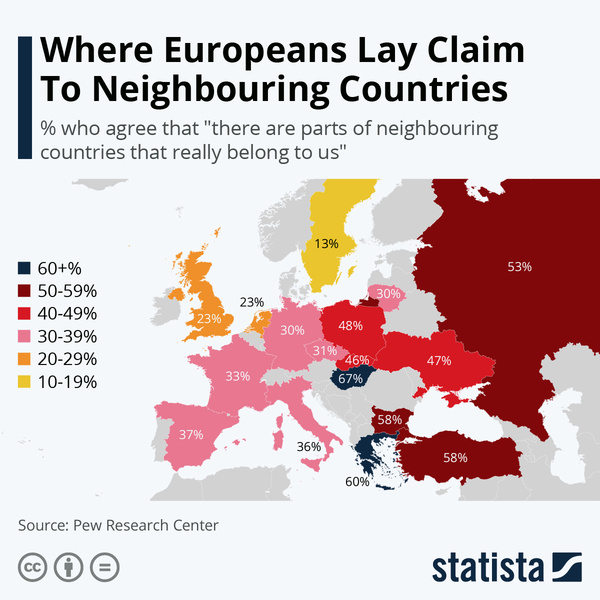 Карта: какой процент жителей стран Европы согласен, что им должна принадлежать часть соседнего государства