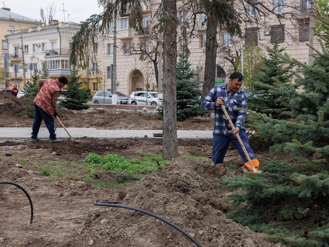 В некоторых местах техника не может проехать из-за рабочих. | Источник: Алексей Волхонский / V1.RU