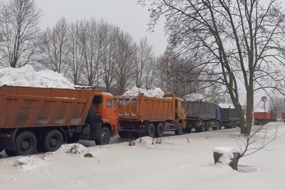 Зольную улицу в Петербурге сузила очередь грузовиков