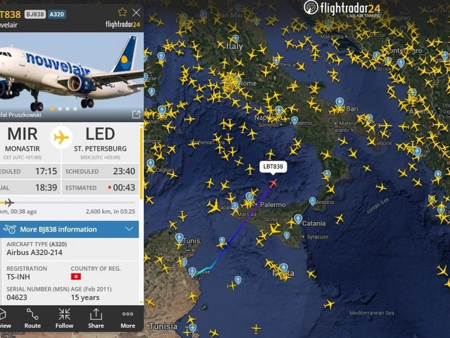 Задержавшийся в Тунисе самолёт вылетел в Петербург. | Источник: flightradar24.com