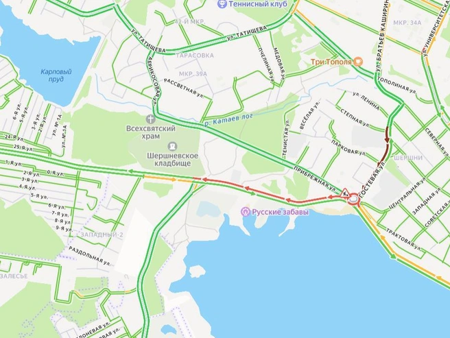 Движение затруднено вплоть до поворота к новым микрорайонам | Источник: Yandex.ru / maps