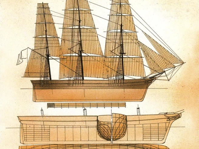 Клипер «Рэйнбоу» (1845), с которого началась эпоха чайных клиперов. | Источник: Иллюстрация Владимира Барышева