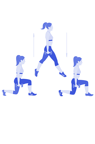 Выпады с прыжкомСкульптурируем ягодицы и ноги. Сделайте выпад левой ногой – колено строго над лодыжкой. Колено задней ноги стремится к полу. С этой позиции подпрыгните вверх, в прыжке поменяйте ноги, так чтобы спереди оказалась уже правая нога. Повторяйте упражнение.