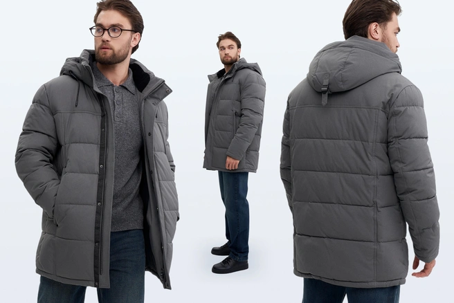 Минималистичный пуховик с меланжевой текстурой, идеально подходит и для деловых, и для свободных образов | Источник: O’HARA