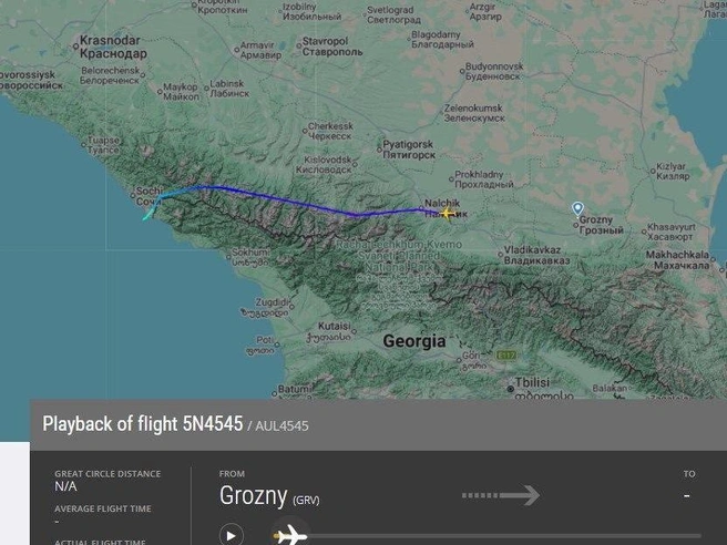 Самолёт из Петербурга летит в Сочи после вынужденной посадки в Грозном. | Источник: Flightradar24