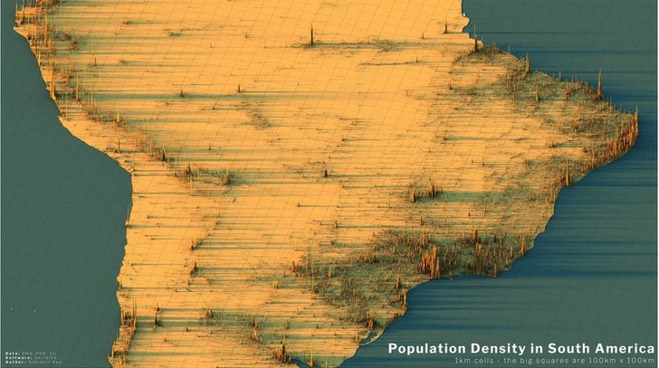 Красивые трехмерные карты мира, показывающие распределение населения Земли