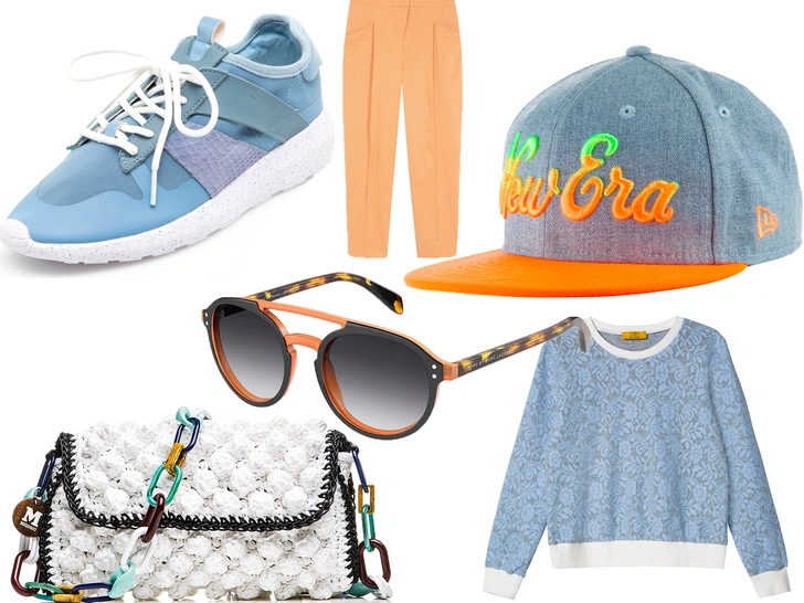 1. Бейсболка, New Era, 2600 руб.2. Очки, Marc by Marc Jacobs, 9000 руб.3. Свитшот, T&B Limited, 2500 руб.4. Брюки, MAX & Co., 12 000 руб.5. Сумка, M Missoni, 20 200 руб.6. Кеды, Calvin Klein, rendez-vous.ru, 7490 руб.