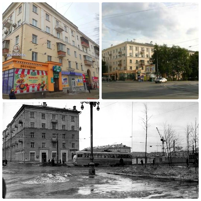 Фотография, в правильности адреса которой мы сомневались, действительно оказалась сделана на перекрестке Проспекта Ленина и улицы Кузбасской (современная Гагарина). Небольшую путаницу внёс дом, который распложен в левой части снимка. В те года он просто не был достроен, и представлял из себя секцию на 5 окон. С годами здание приросло еще одним пристроем, включающим несколько подъездов и арку. Идентифицировать снимок помогла наш читатель Светлана Макарова и еще ряд знатоков истории Свердловска. Спасибо!