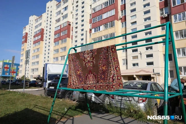 Во дворах микрорайона жители сушат ковры | Источник: Евгений Софийчук / NGS55.RU