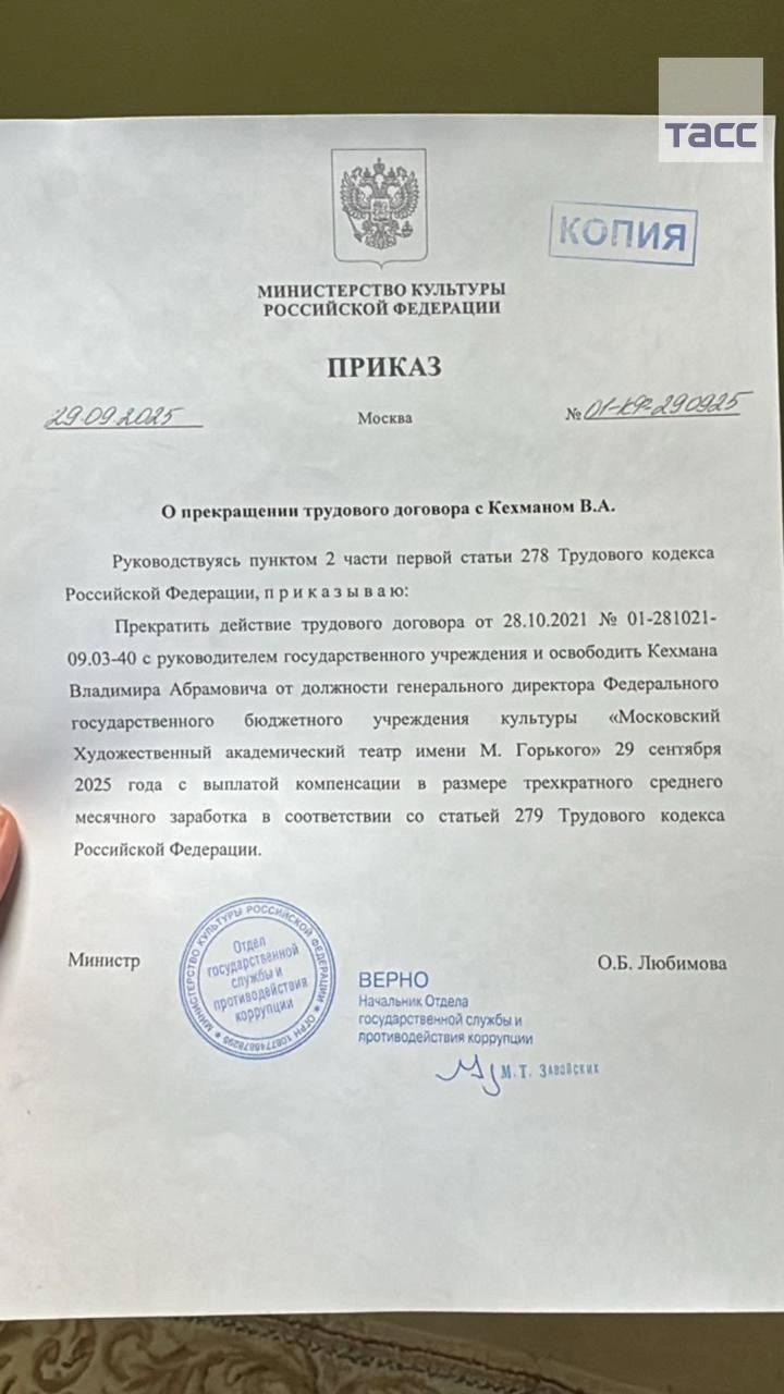 Владимира Кехмана уволили с поста гендиректора МХАТ имени Горького | Источник: ТАСС