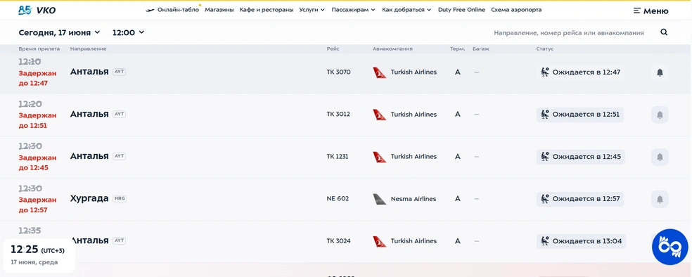 Онлайн-табло прилета аэропорта Внуково | Источник: vnukovo.ru