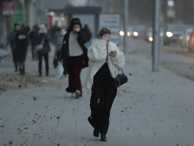 Новосибирцы прикрывают лица от летящей пыли и грязи. | Источник: Андрей Бортко / NGS.RU